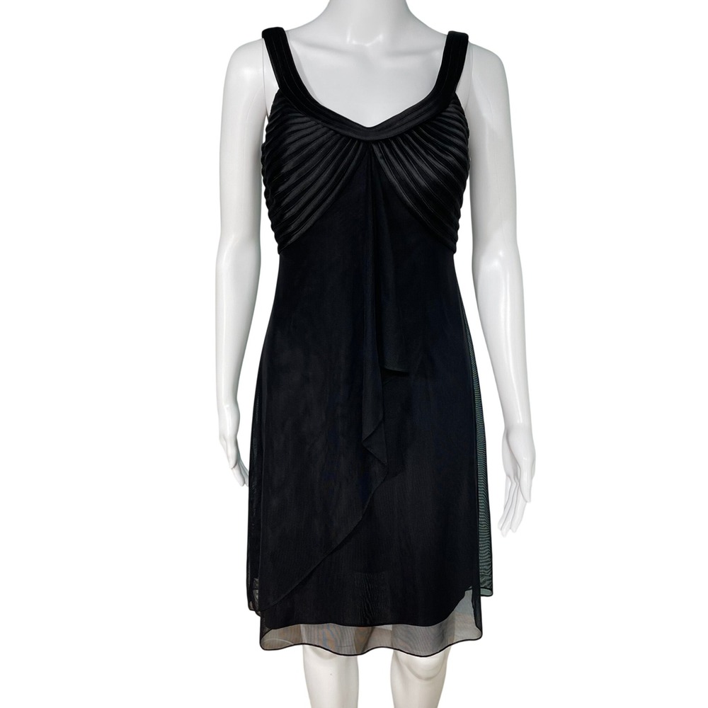 Alex Evenings Petite Black Pleated Bodice Mesh Overlay Cocktail Dress Sleeveless